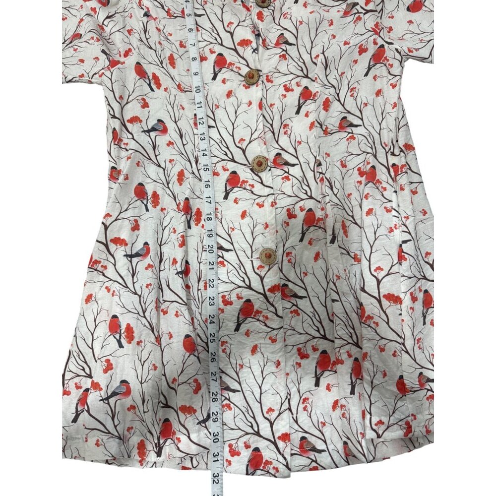 E-Laine Design Womens Size M Tunic Bird Robin Print Top Button-Front 3/4 Sleeves - Picture 7 of 7